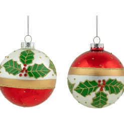 Set of 2 Holly and Berries Glittered Christmas Glass Ball Ornaments 4" Glass|Ball Ornaments