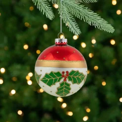 Set of 2 Holly and Berries Glittered Christmas Glass Ball Ornaments 4" Glass|Ball Ornaments