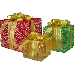 Hot Set of 3 LED Lighted Red, Green and Gold Glitter Gift Boxes Outdoor Christmas Decoration Gifts & Bows