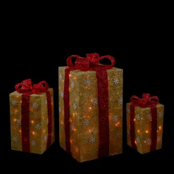 Hot Set of 3 Lighted Tall Gold Gift Boxes with Red Bows Christmas Outdoor Decorations 18" Gifts & Bows