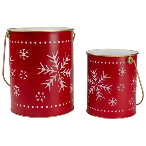 Hot Set of 2 Red and Gold Metal Snowflake Candle Lanterns Christmas Decoration Candle Holders