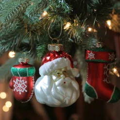 Sale Set of 3 Red and Green Santa Glass Christmas Ornaments 4.25" (108mm) Santa Claus