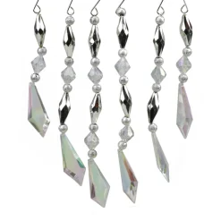 New Set of 6 Silver and Clear Diamond Faceted Jewel Christmas Dangle Ornaments 7" Novelty