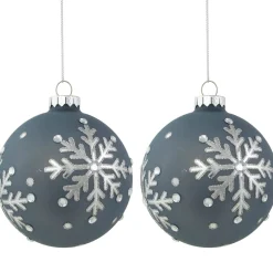 Outlet Set of 2 Slate Blue Jeweled Snowflake Glass Christmas Ball Ornaments Glass|Ball Ornaments