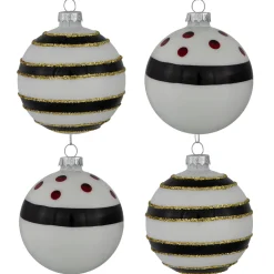 Outlet Shiny Finish Striped Christmas Glass Ball Ornaments - 3" (80mm) - White and Black - Set of 4 Glass|Ball Ornaments