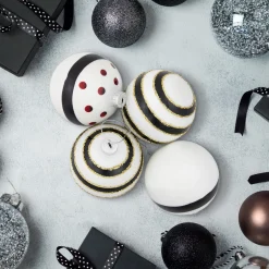 Outlet Shiny Finish Striped Christmas Glass Ball Ornaments - 3" (80mm) - White and Black - Set of 4 Glass|Ball Ornaments