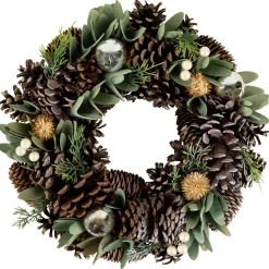New Silver and Green Mixed Foliage and Pinecone Christmas Wreath, 13.5-Inch, Unlit Unlit