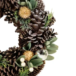New Silver and Green Mixed Foliage and Pinecone Christmas Wreath, 13.5-Inch, Unlit Unlit