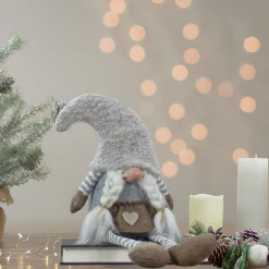 New Sitting Girl with Braids Christmas Gnome Figure - 7.5" - Gray and Beige Gnomes