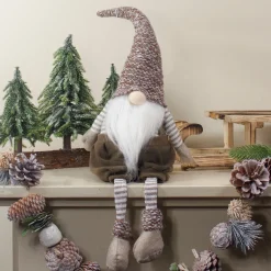 Sitting Gnome with Knit Hat and Socks Christmas Figure - 23.5" - Brown and White Gnomes