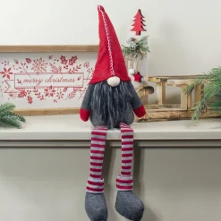 Hot Sitting Striped Gnome Christmas Figure - 22" - Red and Gray Gnomes
