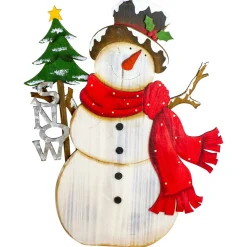 Online Snowman with "Snow" and Pine Tree Sign Wooden Christmas Decoration - 18" Wall