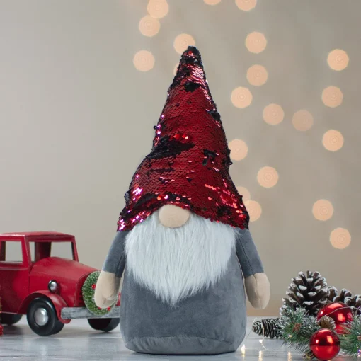 Standing Gnome with Flip Sequin Hat Christmas Figure - 11" - Red and Gray Gnomes