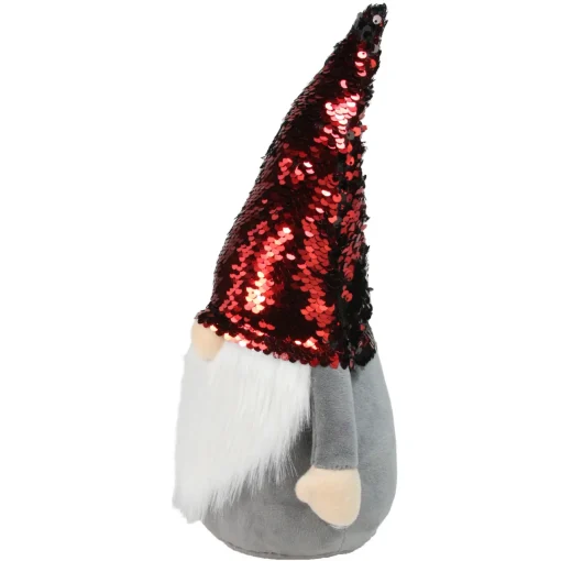 Standing Gnome with Flip Sequin Hat Christmas Figure - 11" - Red and Gray Gnomes
