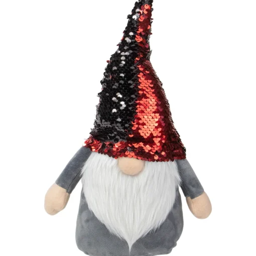 Standing Gnome with Flip Sequin Hat Christmas Figure - 11" - Red and Gray Gnomes