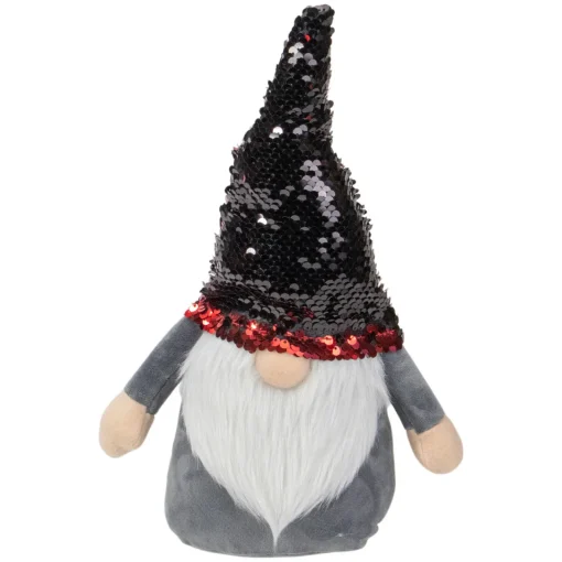 Standing Gnome with Flip Sequin Hat Christmas Figure - 11" - Red and Gray Gnomes