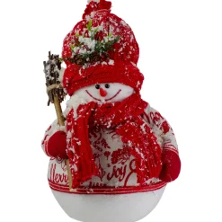 Sale Standing Snowman Christmas Figure with Broom - 12.25" - Red and White Snowmen