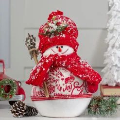 Sale Standing Snowman Christmas Figure with Broom - 12.25" - Red and White Snowmen