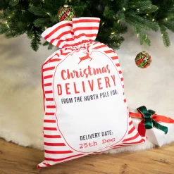 Striped "Christmas Delivery" Tied Gift Bag - 27.25" - White and Red Storage