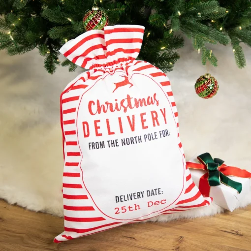 Striped "Christmas Delivery" Tied Gift Bag - 27.25" - White and Red Storage