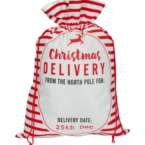 Striped "Christmas Delivery" Tied Gift Bag - 27.25" - White and Red Storage