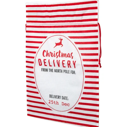 Striped "Christmas Delivery" Tied Gift Bag - 27.25" - White and Red Storage
