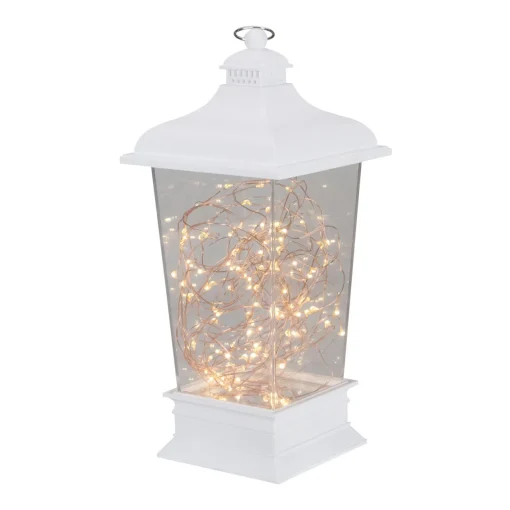 Tapered Lantern with Rice Lights Decoration - 12" - White - Clear Lights Battery Operated