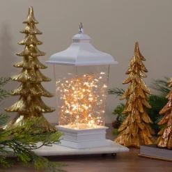 Tapered Lantern with Rice Lights Decoration - 12" - White - Clear Lights Battery Operated