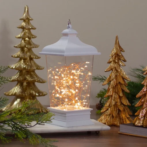 Tapered Lantern with Rice Lights Decoration - 12" - White - Clear Lights Battery Operated