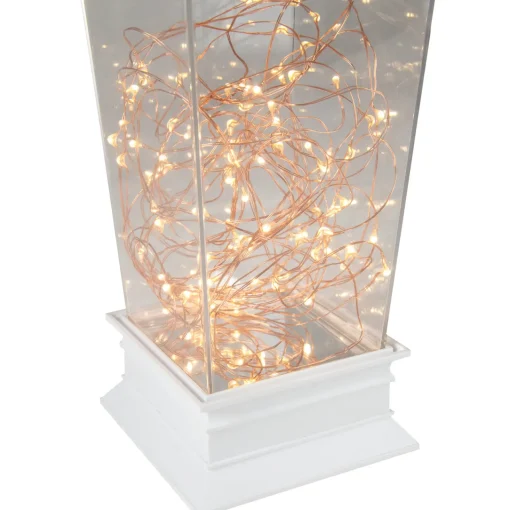 Tapered Lantern with Rice Lights Decoration - 12" - White - Clear Lights Battery Operated