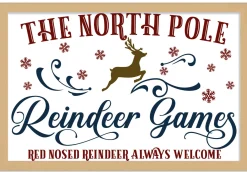Outlet The North Pole Reindeer Games 14.5" x 21.5" Framed Christmas Wall Decor Art Print Sign Poster in a Natural Wooden Frame with UV Acrylic and Hangers Wall