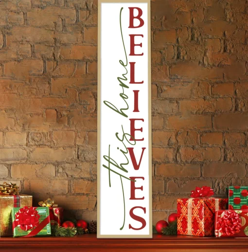 New This Home Believes Tall 10" x 43.5" Framed Christmas Wall Decor Art Print Sign Poster in a Natural Wooden Frame with UV Acrylic and Hangers Wall