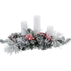 Hot Triple Candle Holder with Flocked Pine and Christmas Ornaments - 32" - Red and White Candle Holders
