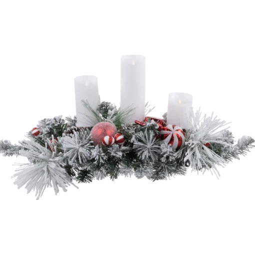 Hot Triple Candle Holder with Flocked Pine and Christmas Ornaments - 32" - Red and White Candle Holders