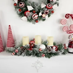 Hot Triple Candle Holder with Flocked Pine and Christmas Ornaments - 32" - Red and White Candle Holders