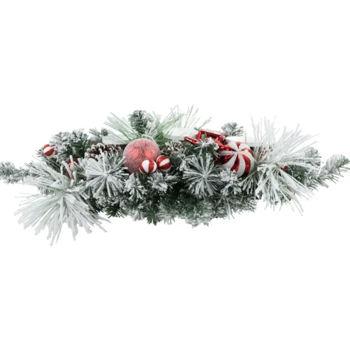 Hot Triple Candle Holder with Flocked Pine and Christmas Ornaments - 32" - Red and White Candle Holders