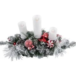 Hot Triple Candle Holder with Flocked Pine and Christmas Ornaments - 32