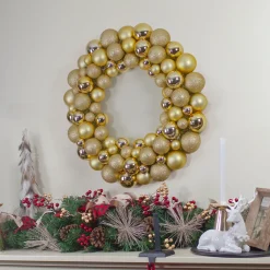 Vegas Gold 3-Finish Shatterproof Ball Christmas Wreath - 24-Inch, Unlit Pre Decorated