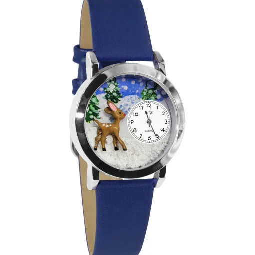 New Reindeer 3D Watch | Gold or Silver Finish Small | Unique Fun Novelty | Handmade in USA | Blue Leather Watch Band Costumes