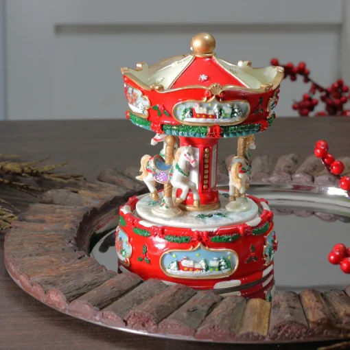 Best Winter Horses Animated Musical Christmas Carousel - 6.5" - Red and White Animated & Musical