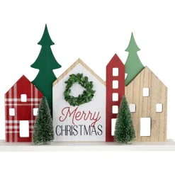 Discount Wooden "Merry Christmas" Houses with Trees Decoration - 15" - Red and Green Wall