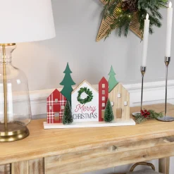 Discount Wooden "Merry Christmas" Houses with Trees Decoration - 15" - Red and Green Wall