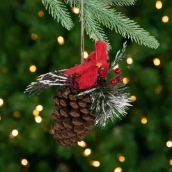 Discount Woodland Cardinal Bird Perched on a Pinecone Frosted Christmas Ornament - 6.75" Animals