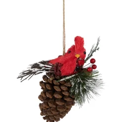 Discount Woodland Cardinal Bird Perched on a Pinecone Frosted Christmas Ornament - 6.75" Animals