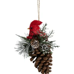 Discount Woodland Cardinal Bird Perched on a Pinecone Frosted Christmas Ornament - 6.75