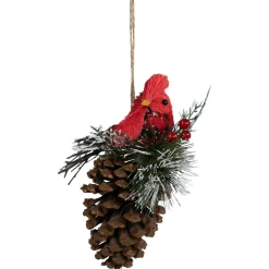 Discount Woodland Cardinal Bird Perched on a Pinecone Frosted Christmas Ornament - 6.75