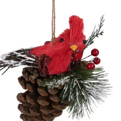 Discount Woodland Cardinal Bird Perched on a Pinecone Frosted Christmas Ornament - 6.75