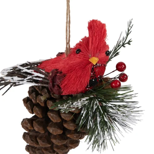 Discount Woodland Cardinal Bird Perched on a Pinecone Frosted Christmas Ornament - 6.75" Animals