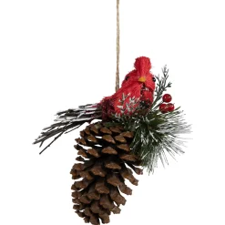 Discount Woodland Cardinal Bird Perched on a Pinecone Frosted Christmas Ornament - 6.75