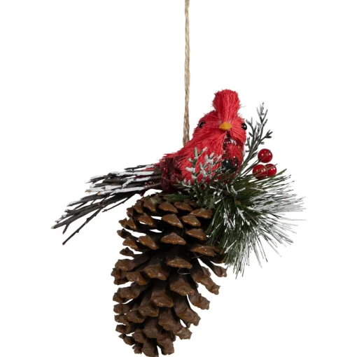 Discount Woodland Cardinal Bird Perched on a Pinecone Frosted Christmas Ornament - 6.75" Animals